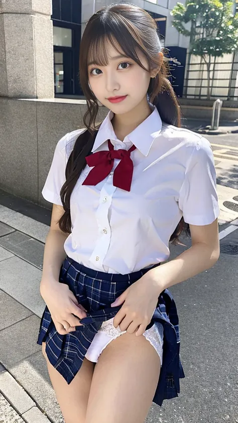 Beautiful woman 、school uniform、White shirt again 、 Miniskirt、 firm boobs 、white panties、 grab the hem of the skirt with your hands、 has red cheeks、