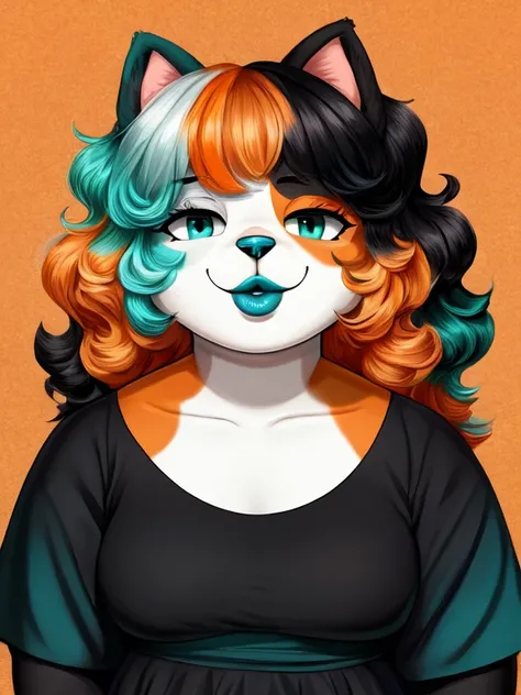 anthro, furry, Overweight, calico cat girl, short curly multicoloured grey white black orange hair, teal and white highlights hair, blue lips, black oversize black dress