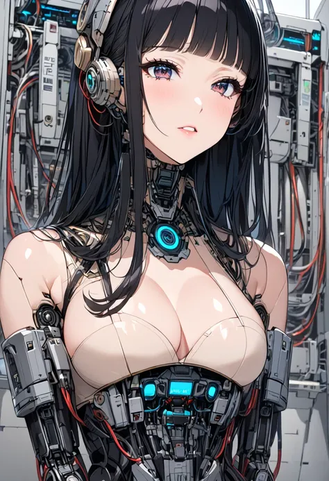 masterpiece, best quality, extremely detailed,front view,japaese android girl,control panels,android,Droid,Mechanical Hand,Robot arms and legs,peplum tops,blouse,Blunt bangs,long tube,thick cable connected her neck