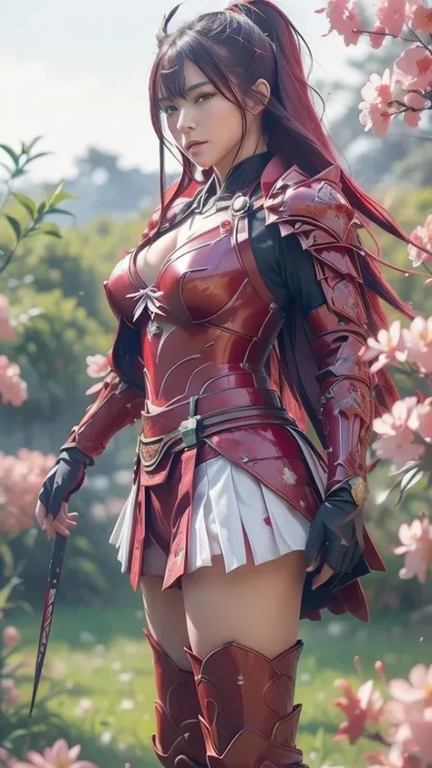 A sexy female character wearing red armor as a warrior from the Warring States period、((Medium long hair))、((Cherry red hair))、((toned body))、(glistening skin)、 tight body、((mega breasts 1.8))、 plump breasts 、 plump thighs 、The red armor engraved with azal...