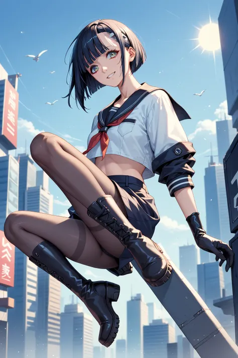 The sun is shining in the cyberpunk world  。  A fearless high school girl challenges gravity from a skyscraper  、 Jump down in dynamic poses   。 jumping through the air in a thrilling freefall 。 future city in a cyberpunk world with a dazzling morning 。 An...