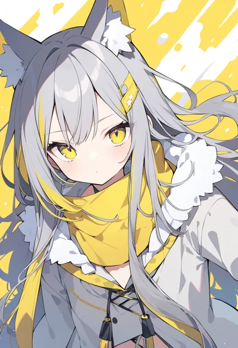  girl、 multi-colored hair(grey、yellow)、 wolf ears 