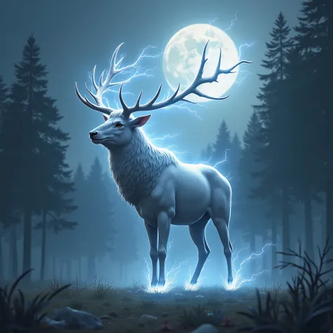 The Thunder Stag stands in the clearing, its glowing antlers crackling with electricity. Its majestic silver coat gleams under the moonlight, and its stance is regal yet menacing.