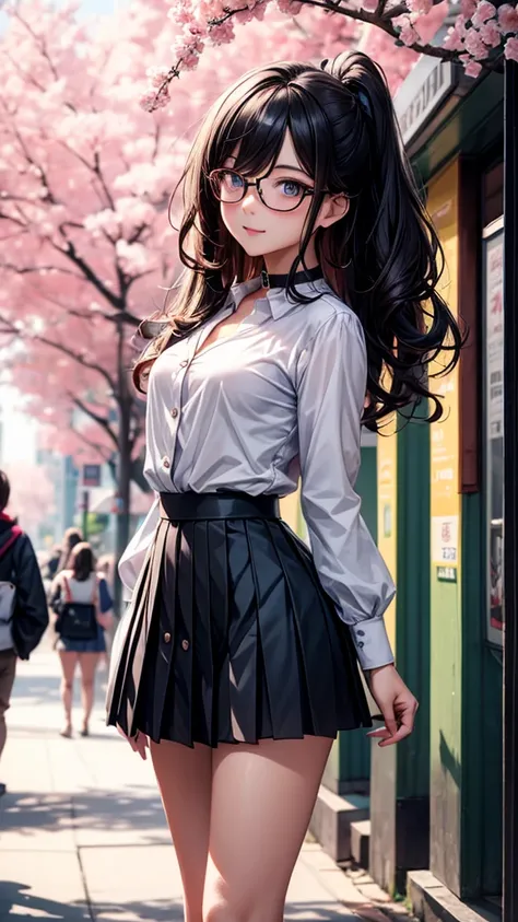 ((mejor calidad)), (( masterpiece )), (Detailed), ( Black pleated skirt for students ,  dynamic lighting , movie lighting), 動漫wind格, Cute Japanese girl, ((Front view)),  looking at the spectator ,  wind ,  perfect body structure ,  White collar shirt with ...