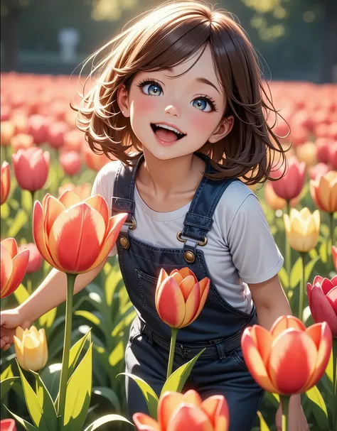 Commemorative photo of girls, 1 Girl,  girl, Tulip Fields:1.2, Playing in the park, Surprised, Plants, Light and shadow with attention to detail, Background Blur, (Highest quality:1.2, 4K, 8k, Very detailed, Attention to detail, masterpiece:1.2, Best aesth...