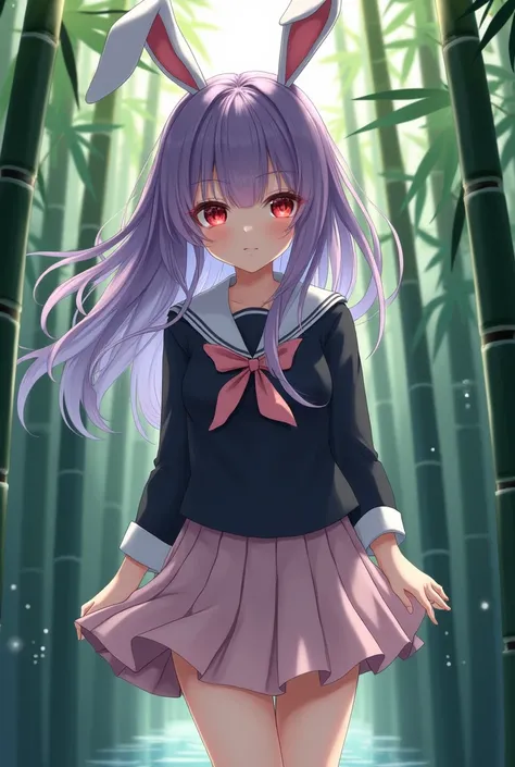  1 girl,  long hair, Bunny ears, Purple Hair,  red eyes, bamboo forest,  sailor suit, Black clothes,  Miniskirt, Light pink skirt