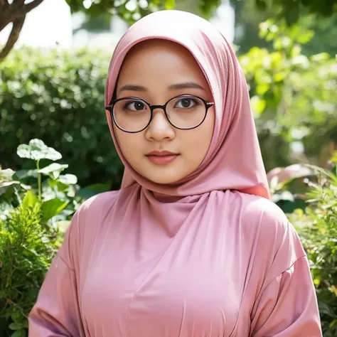 1girl,indonesian girl, age 18 years, wearing hijab , wearing Muslim womens clothing , Breasts, Blush, wearing glasses, garden background