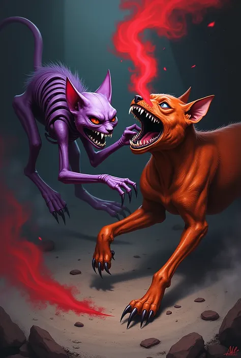  draw the scary thin purple cat with sharp claws and long legs , with teeth or sharp claws spitting out their red smoke  , fighting the scary dark orange dog , with very sharp teeth and claws  ,i patties stitched 