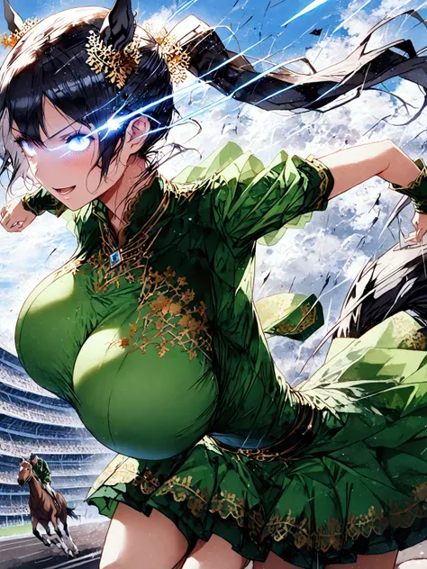 (((Satono Crown 1  )))、((( black hair)))、((( ponytail)))、((( Green Satono Crown Outfit)))、(((Horse&#39;s ears)))、 Horses Tail、(((((running form)))))、(((((Runaway)))))、(((Raise your knees)))、((( Glowing Eye Trail  )))、((Glare with sharp eyes))、(((excited)))...