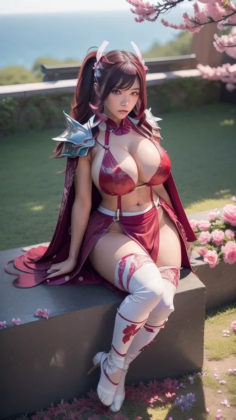 A sexy female character wearing red armor as a warrior from the Warring States period、((Medium long hair))、((Cherry red hair))、((toned body))、(glistening skin)、 tight body、((mega breasts 1.8))、 plump breasts 、 plump thighs 、The red armor engraved with azal...