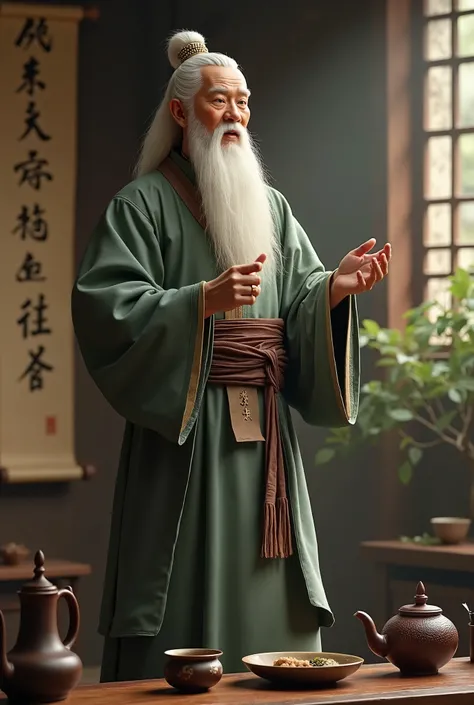 "Tea Sage Lu Yu, standing gracefully with a calm and wise expression, speaking earnestly about the art of tea. He wears traditional scholar robes, with a long beard flowing gently, embodying wisdom and deep thought. His hands gesture as if explaining the p...