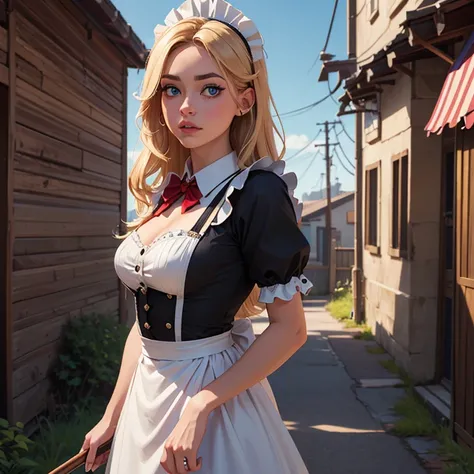 ((masterpiece)), ((best quality)), ((highres)), ((detailed background)), ((extremely detailed CG unity 8k wallpaper)), solo, shiona, blonde hair, long hair, blue eyes, hair tuft, cowboy shot, outdoors, ((maid outfit))