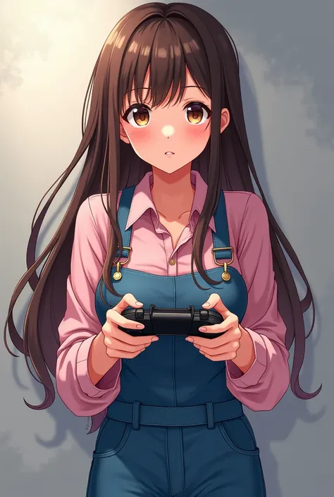 An anime teenager with fair skin, brown eyes and long brown hair wearing a jumpsuit, jeans and a pink blouse underneath, with a video game in her hand and without a chest.