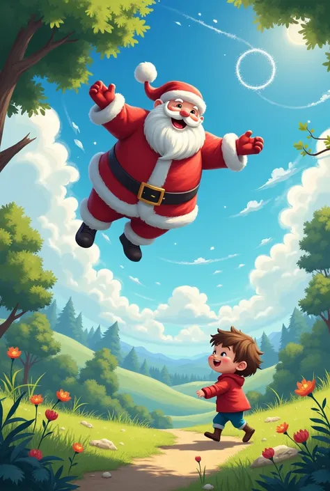 ren outisde playing while santa riding on yhe air and saying hohoho