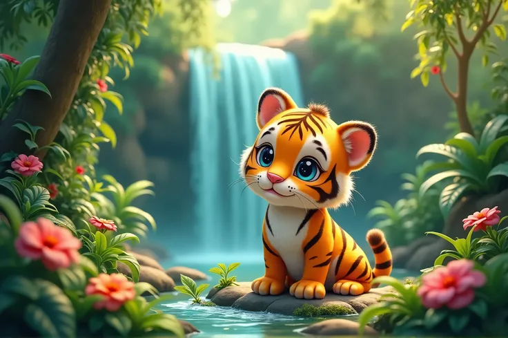 In an enchanted tropical forest, beautiful light, a cute little tiger is surrounded by flowers and trees, near a little waterfall 