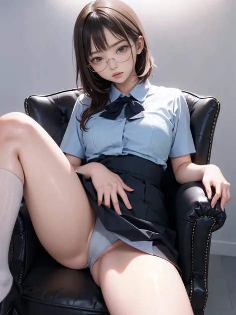    Japanese Women  (( Wear rimless glasses  )) (    Black Short Bob ),   plump body   ,     dark eyes   ,(     写真の人物teeth1人の人物に厳密に特定されています   )     office lady uniform seen   , (   small blue tight skirt      )((    teeth、 sitting upside down in a chair lig...