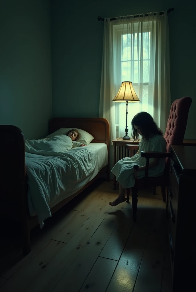 "Claras room ,  decorated with simple furniture , At night.  The porcelain doll is sitting on a chair near the bed ,  but her eyes seem to reflect the light from the lamp ,  giving a creepy impression .  Clara is lying on the bed ,  looking at the doll wit...