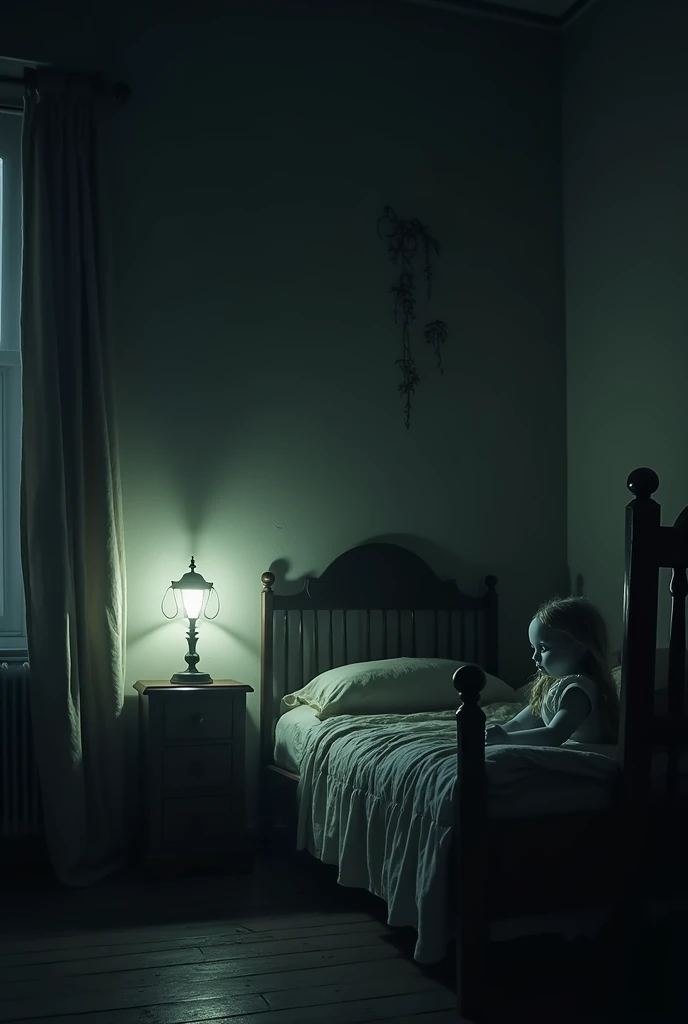 "Claras room ,  decorated with simple furniture , At night.  The porcelain doll is sitting on a chair near the bed ,  but her eyes seem to reflect the light from the lamp ,  giving a creepy impression .  Clara is lying on the bed ,  looking at the doll wit...