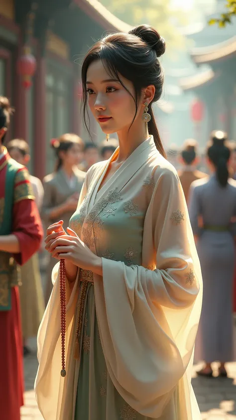   High Resolution  ,   high detail,   High Quality  ，Reality，Houseman ，站著一位中國慈祥女人，Bangs, short hair,  standing a Chinese merciful woman wearing a fairy costume ，Buddha beads in hand， watching people 