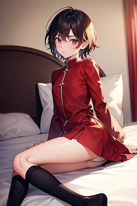 teenage boy wearing plain red tunic and spats, on the bedroom, (beautiful detail eyes), (soft+cute), ((best quality)), ((masterpiece))