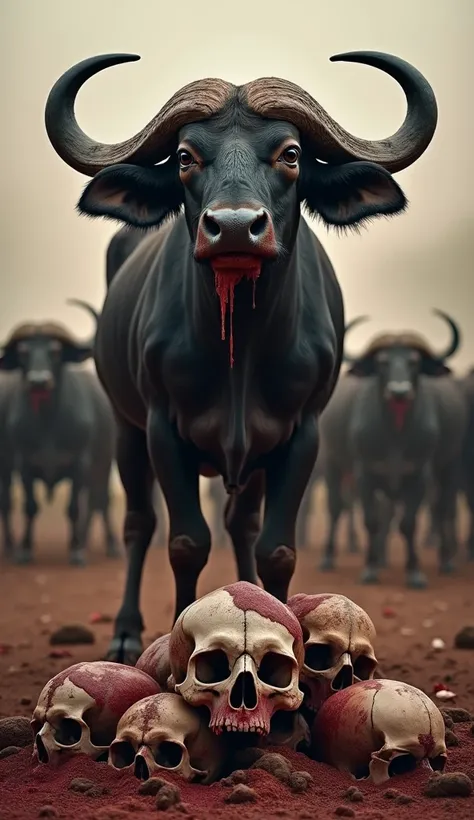 The Cape buffalo stands proudly atop a heap of human skulls, its massive horns dripping blood. The herd stands behind it in the shadows, symbolizing the overwhelming power of the Black Death. Text reads: Kills per Year: 200+