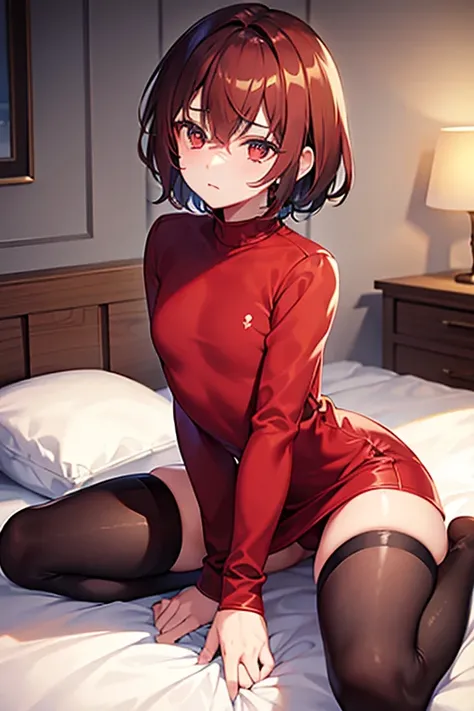 teenage boy wearing plain red tunic and spats, on the bed, (beautiful detail eyes), (soft+cute), ((best quality)), ((masterpiece))