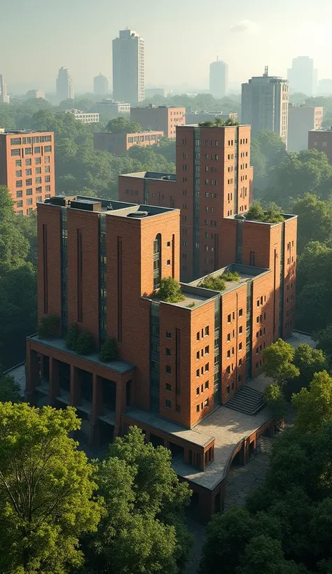 Soviet brick and wood modernist city with midcentury style in woods.
