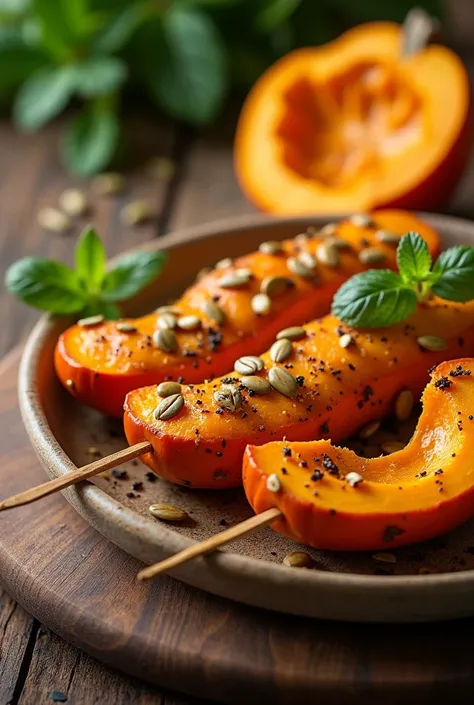  Create a realistic image of a pumpkin tray kebab , roasted until lightly golden .  The kebab is served on a rustic ceramic platter ,  with clean cuts that show its soft texture and the vibrant orange color of the pumpkin .  The surface is decorated with g...