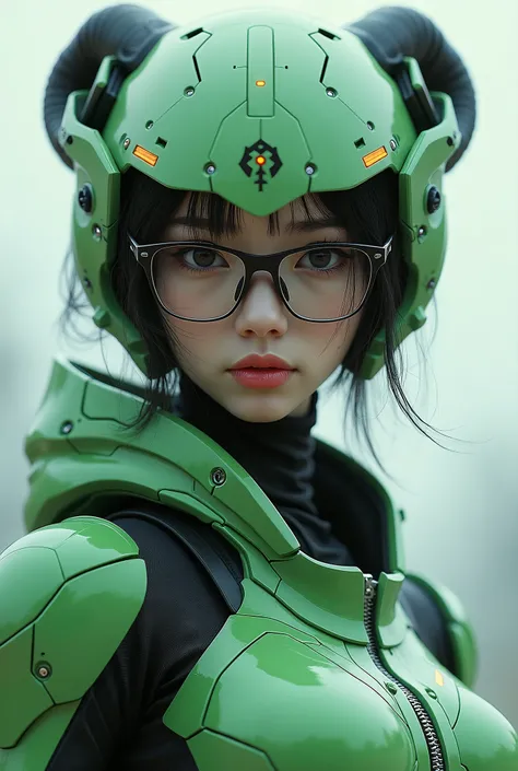 Close up of a woman in a futuristic suit wearing a green helmet,  cyberpunk art inspired by Marek Okon ,  wear horns and glasses ,  digital art ,  very beautiful Japanese high school girl in mecha cyber armor 、 pregnant  Female Cyborg, diverse Cyber Suits,...