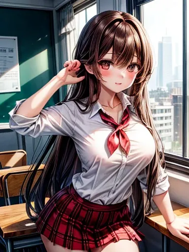  top quality、 one beautiful woman 、 beautiful busty woman:1.5、 Straight Haired Women 、 high school girl with visible armpits、(Brown haired woman:1.3)、( A woman is wearing a white collar shirt:1.6)、(A woman wearing a red and black plaid miniskirt:1.3)、A wom...