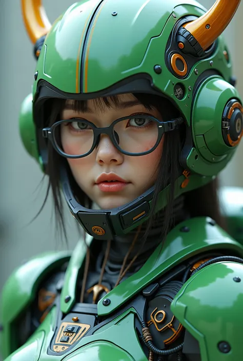 Close up of a woman in a futuristic suit wearing a green helmet,  cyberpunk art inspired by Marek Okon ,  wear horns and glasses ,  digital art ,  very beautiful Japanese high school girl in mecha cyber armor 、 pregnant  Female Cyborg, diverse Cyber Suits,...