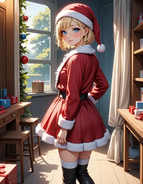 Girls Anniversary, 1 girl,  girl, girl in Santa costume, home party:1.2, presents, amazing, highly detailed, light and shadow, background blur, (Best Quality:1.2, 4K, 8k, very detailed, highly detailed, masterpiece:1.2, best aesthetics),