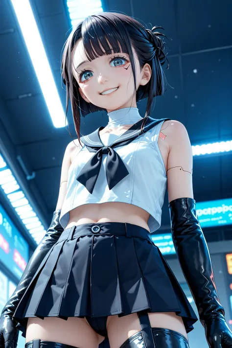  top quality、   Masterpiece   、   ultra high definition cyberpunk background     、（ Photographically ：1.4）  Ultra High Definition Cinema Seen from Below    、  upper body　smile   　1 person 　   wears a white high neck sleeveless black sailor suit and an 18 y...