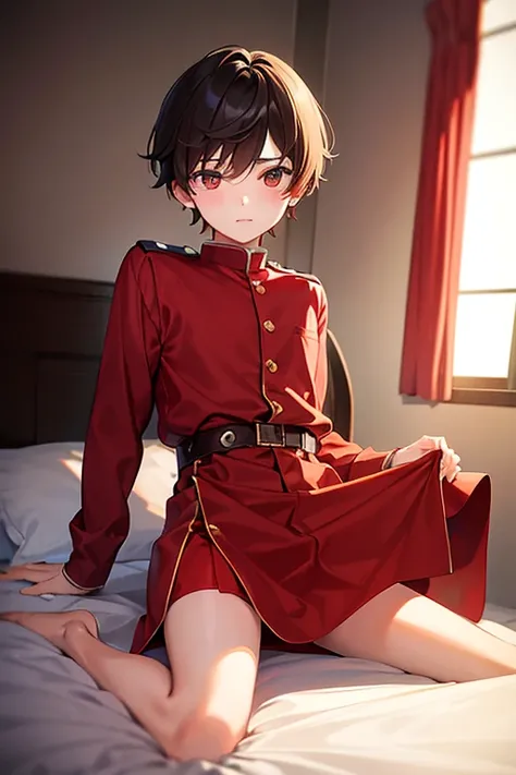 teenage boy wearing plain red tunic and spats, on the bed, (beautiful detail eyes), (soft+cute), ((best quality)), ((masterpiece))