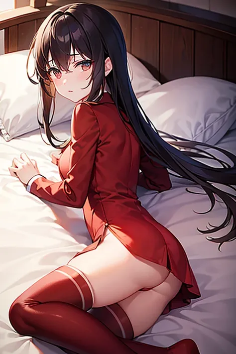 teenage boy wearing plain red tunic and spats, on the bed, (beautiful detail eyes), (soft+cute), ((best quality)), ((masterpiece))