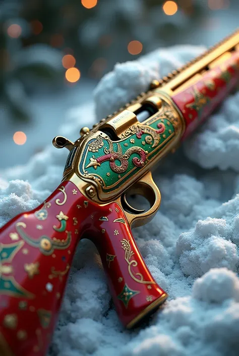 A highly detailed, colorful, and realistic depiction of a shiny, metallic Christmas-themed rifle, (best quality,4k,8k,highres,masterpiece:1.2),ultra-detailed,(realistic,photorealistic,photo-realistic:1.37),intricate textures, gleaming metallic surfaces, vi...