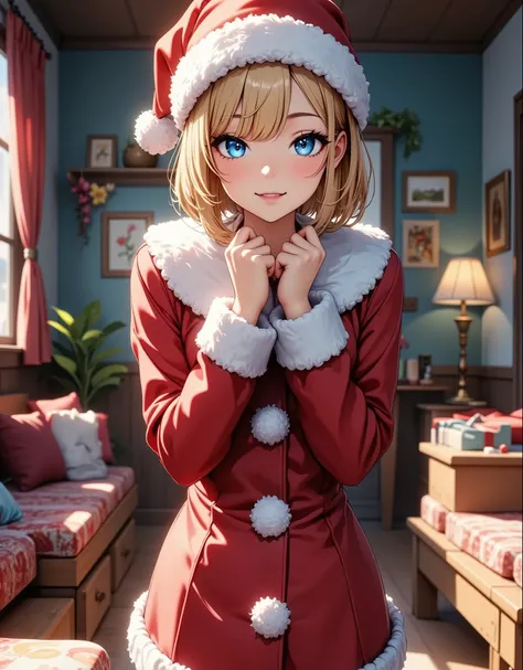 Girls Anniversary, 1 girl,  girl, girl in Santa costume, home party:1.2, presents, amazing, highly detailed, light and shadow, background blur, (Best Quality:1.2, 4K, 8k, very detailed, highly detailed, masterpiece:1.2, best aesthetics),