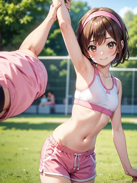 4K quality,cute,Brown Eyes, with brown hair,30-year-old woman,solo, small breasts, pink sports bra, pink shorts, pink headband to the side of your body, short haired ,smile, blurry background,Fresh green park, stretch,