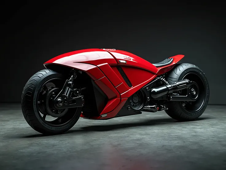 science fiction motorbike, unmanned, red body, aggressive, like motorbikes in movie terminator salvation, long shapes, slightly bigger wheels, without seat, without handles, dark background