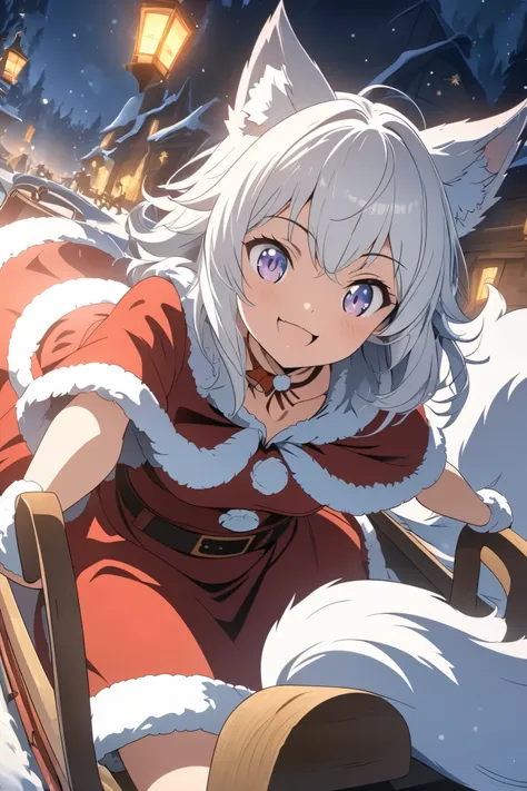 ( Masterpiece  :1.2), ( top quality:1.2),  super high resolution,  very detailed,  perfect lighting , Wolf Girl,  white-haired,  Santa Claus costume, smile, Sled, supernatural fantasy, fluffy tail ,cute,   Digital Animated Art  , Anime Style Illustrations ...