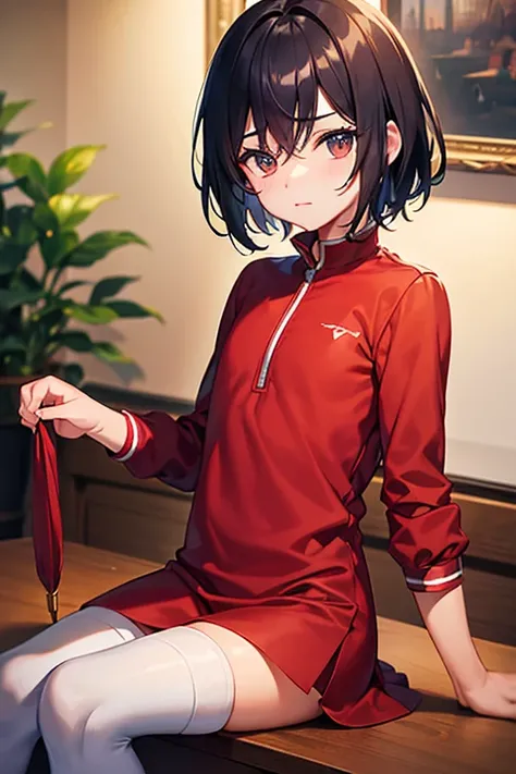 teenage boy wearing plain red tunic and spats, on the table, (beautiful detail eyes), (soft+cute), ((best quality)), ((masterpiece))