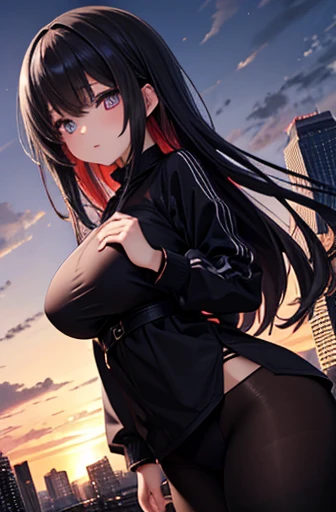 sunsetのベランダから見えるcity, beautiful eyes,   beautiful eyes ,  top quality,  black tights,city, Building ,sunset, look down, 1 girl, detailed face ,  beautiful eyes , black hair long hair, big breasts、
