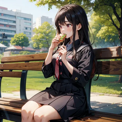 Female student eating yakiniku bento while sitting on a bench in the park、uniform