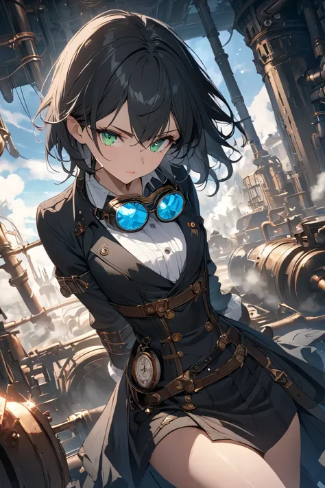 ( masterpieces during breakfast :1.2), ( top quality:1.2), super high resolution, super detailed, (( light green necklace )), ( a sapphire pocket watch), Dreamy Girl , (1 person, boyish, :1.3), serious, Androgynous charm, ( very short hair), (( black h...