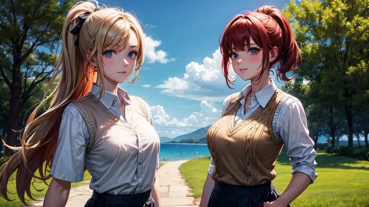 1girl, solo, summer, trees, water, house, fantasy landscape, red hair, ponytail, large full breasts, ((light brown vest sweater)), button down, dark blue eyes, ((white shirt)), ((short sleeved shirt)), ((unbuttoned shirt)), (unbuttoning shirt), checked ski...