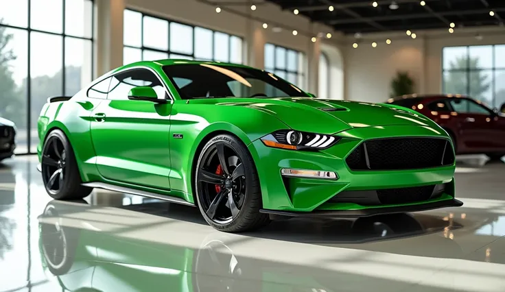 only  left  view of painted Green with shiny colour 2025 ford mustang GTD sleek in original model shape coupe sport with original side mirrors white reflection falling on car colour with captured from only left  view in a Luxury bright showroom with white ...