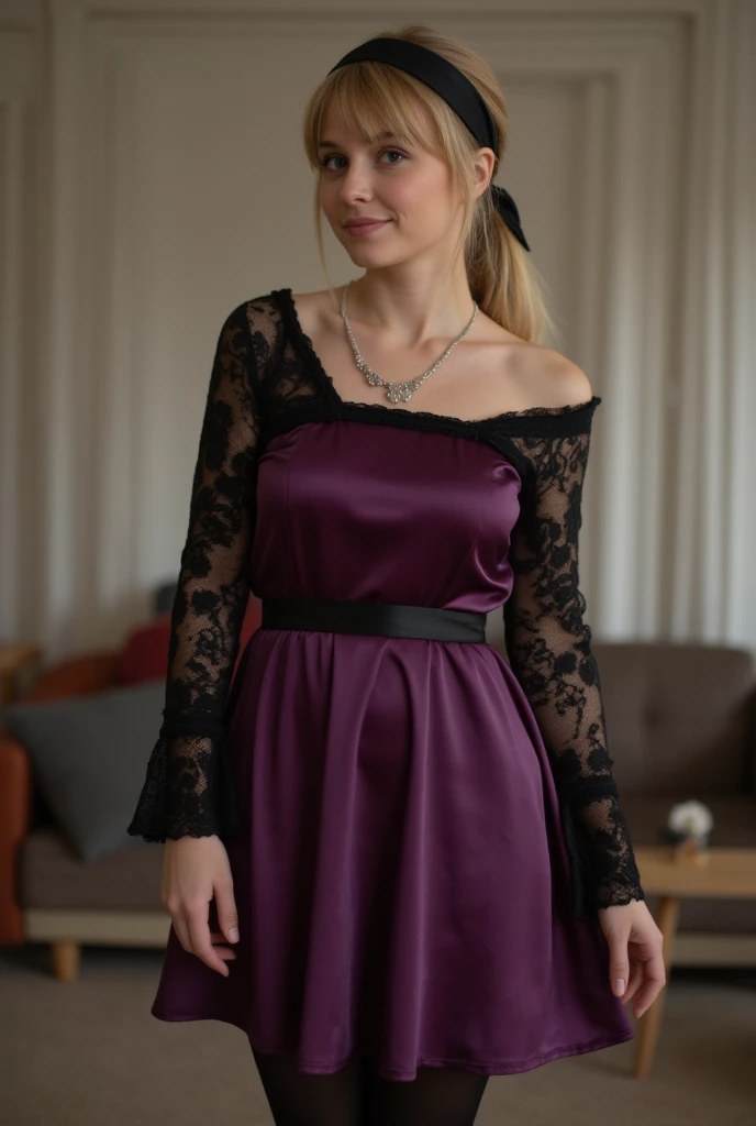 ultra Realistic upper body of a beautiful young blonde German woman with ponytail, headband, Necklace, smile. Beautiful legs and high heels , She stands in the livingroom, She wears a kneelenght tight dark purple satin A-line dress with long black lace sle...