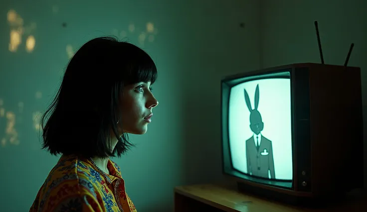 A surreal scene inspired by Videodrome, showing Lucilla, a young Italian woman with shoulder-length black hair, a fringe, and bright blue eyes, standing in front of a vintage TV set. She is wearing colorful, stylish clothes, looking intently at the TV scre...