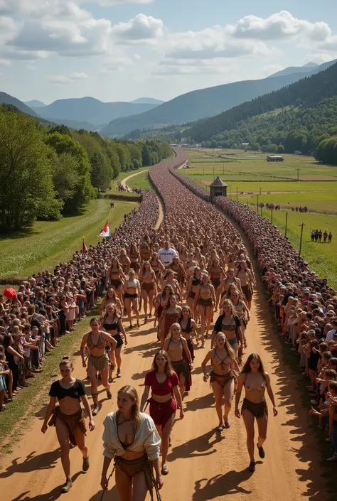 Europaan countryside scene, with many young warrior women with modern weapons (very large breasts) (beautiful) ((face detail), walking along a dirt road. They are participating in a large parade. All are wearing ponchos and primitive loincloths, no top. wi...