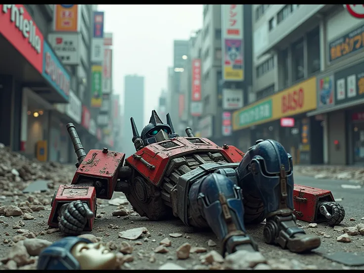 Shibuya Scramble Crossing 1000 years in the future, empty of people, ruins and broken buildings, broken Optimus Prime, Marvel Transformers, fallen, rusty and dusty, severed face lying around